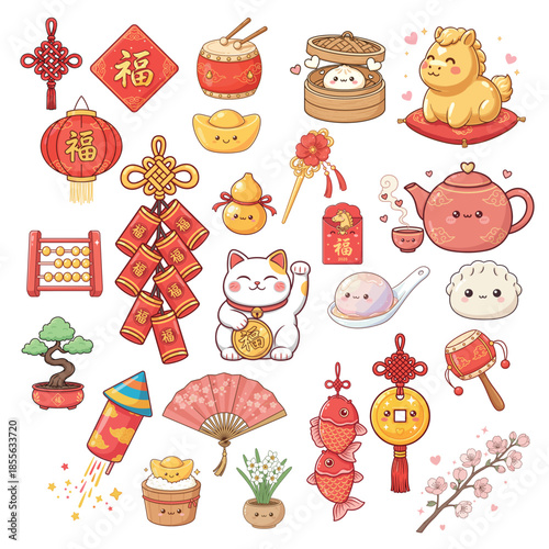 A set of cute kawaii stickers featuring traditional Chinese New Year symbols, festive food, and lucky charms