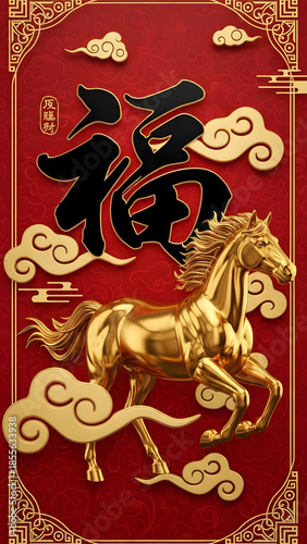 Golden horse in clouds on red background with Chinese character