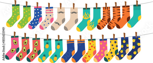Colorful socks hanging on clothesline vector illustration with playful patterns, cute designs, and modern textile fashion style
