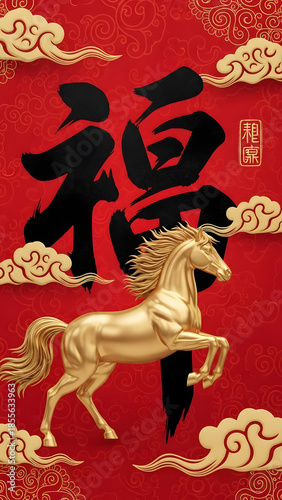 Golden horse on red background with Chinese characters and clouds