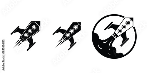 This silhouette icon set illustrates a rocket in multiple launch and flight variations, symbolizing innovation, ambition, speed, progress, and exploration