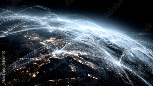 Aerial view of Earth showcasing an intricate network of illuminated global connections over Europe and North Africa, creating a visual marvel.