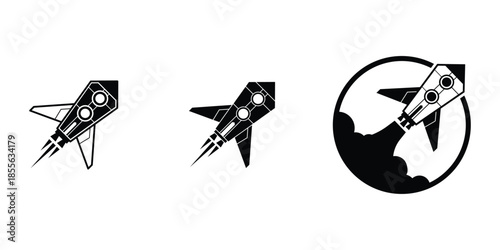This silhouette icon set illustrates a rocket in multiple launch and flight variations, symbolizing innovation, ambition, speed, progress, and exploration