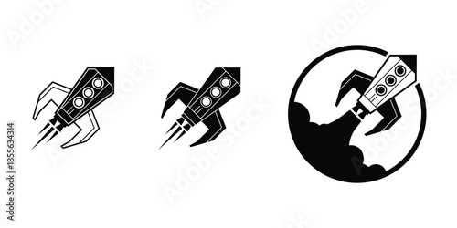 This silhouette icon set illustrates a rocket in multiple launch and flight variations, symbolizing innovation, ambition, speed, progress, and exploration