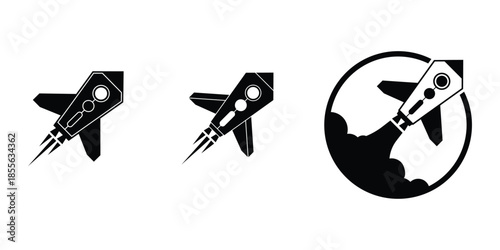 This silhouette icon set illustrates a rocket in multiple launch and flight variations, symbolizing innovation, ambition, speed, progress, and exploration