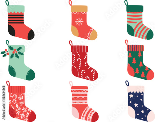 Cute Christmas stockings vector collection with festive holiday patterns, winter colors, and decorative seasonal sock illustrations