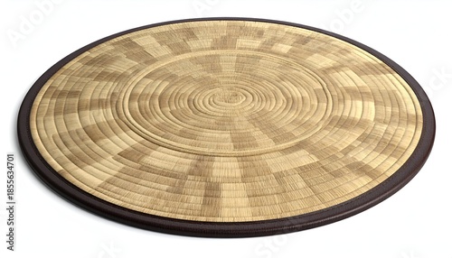 Circular woven object, with light and dark straw pattern, dark brown rim, on white backdrop