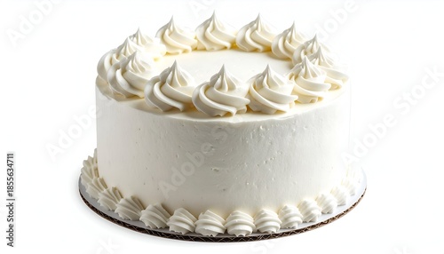 Classic round cake with smooth white frosting, topped with piped swirls; white background