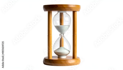 Classic wooden hourglass with sand flowing through clear glass bulbs, isolated on white