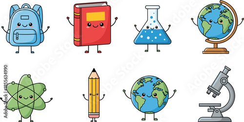 Cute school and science characters illustration featuring backpack, book, pencil, atom, globe, flask, and microscope