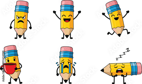 Cute Pencil Character Emotions Set Vector Illustration Showing Happy Angry Tired Sleeping And Drinking Expressions For Education Design