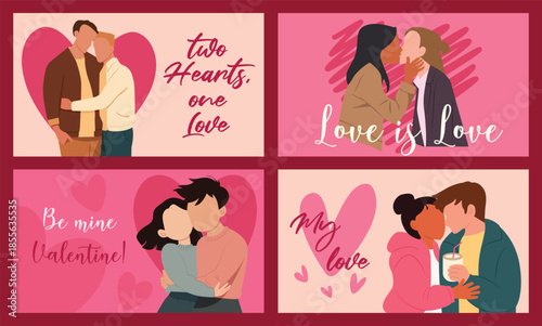 Collection of Romantic Valentine's Day Banners, Modern Illustration of Diverse Loving Couples.