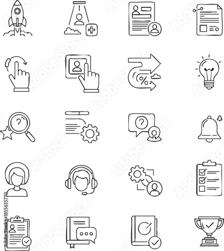 user Onboarding Icon Set, customer management, assignments,  Perfect for dashboards, Remote training icons, Outline icon set of digital journey, icons for new users