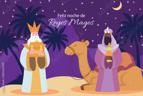 Reyes magos, Three Kings Day vector illustration with Wise Men and Camel.