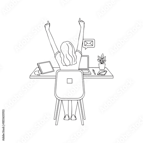 Line drawing of a woman stretching her arms at a desk with a laptop and email icon. Minimalist vector illustration of a female employee taking a break from office work.
