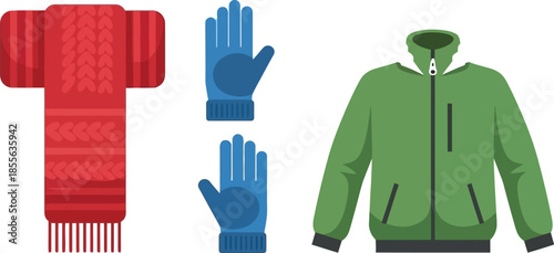 Essential winter apparel including a vibrant red knitted scarf, a pair of blue protective gloves, and a warm green parka jacket set against snow.