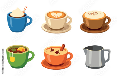 Colorful cups with various hot beverages and milk jug graphic