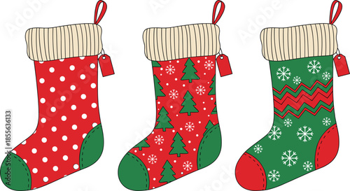 Festive Christmas stockings vector set with holiday patterns, cozy winter decorations, and colorful traditional seasonal design elements
