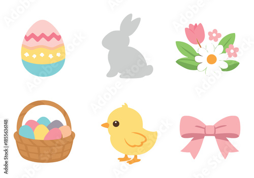Colorful easter icons featuring egg, bunny, flowers, basket, chick, and bow