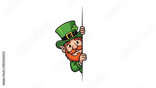 Cartoon leprechaun peeking from behind a white vertical surface, wearing green attire.