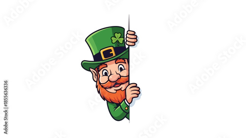 A cartoon leprechaun wearing a green hat with a shamrock peeking from behind a white surface.