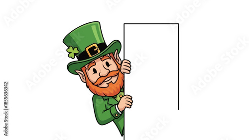A cartoon leprechaun wearing a green hat and suit, holding a blank white sign.
