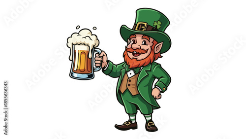 Leprechaun holding a beer mug with foam on a white background.