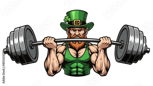 A muscular leprechaun in a green hat and vest lifts a heavy barbell with weights.