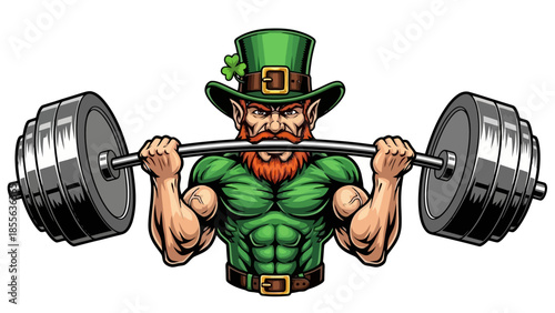 A muscular leprechaun in a green outfit lifting a heavy barbell, showcasing strength.