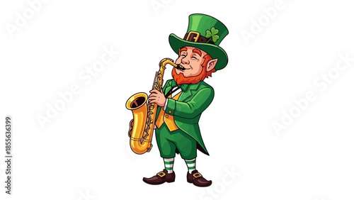 A cartoon leprechaun in a green suit and hat plays a saxophone with a smile.