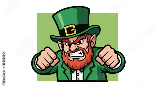 Cartoon illustration of an angry leprechaun with a green hat and jacket, clenching fists.