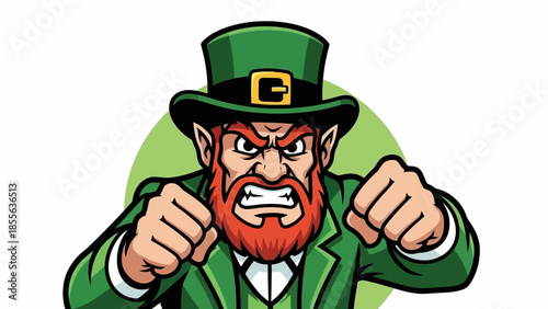 Angry leprechaun with red beard and green suit, ready to fight.
