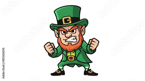 Cartoon illustration of an angry leprechaun with a green hat and suit, clenching fists.