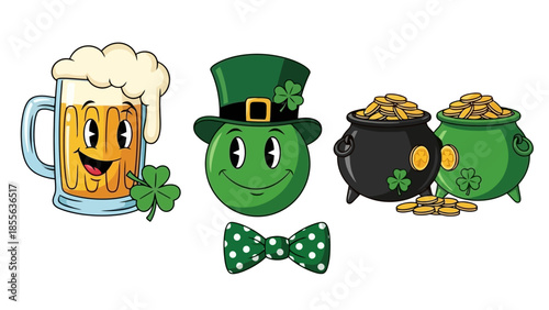 A cheerful leprechaun with a green hat and outfit, surrounded by shamrocks, celebrating.