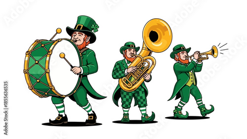 A cheerful leprechaun with a green hat and outfit, surrounded by shamrocks, celebrating.