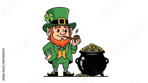 A cartoon leprechaun in a green suit and hat, smoking a pipe next to a pot of gold coins.