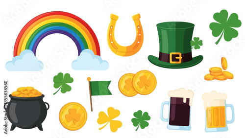 A cheerful leprechaun with a green hat and outfit, surrounded by shamrocks, celebrating.