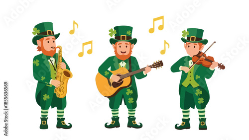 A cheerful leprechaun with a green hat and outfit, surrounded by shamrocks, celebrating.