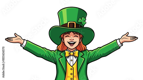 A cheerful person in a green leprechaun hat and suit with arms outstretched in a welcoming gesture.