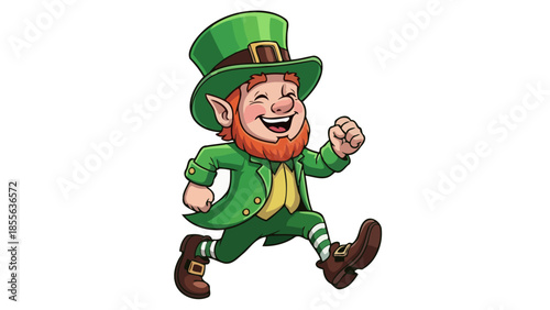 A cheerful cartoon leprechaun wearing a green suit and hat, running with a smile.