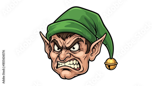 An illustration of an angry elf with pointed ears and a green hat with a bell.