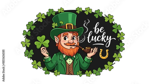 A cheerful leprechaun with a green hat and outfit, surrounded by shamrocks, celebrating.