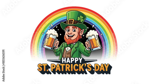 A cheerful leprechaun with a green hat and outfit, surrounded by shamrocks, celebrating.