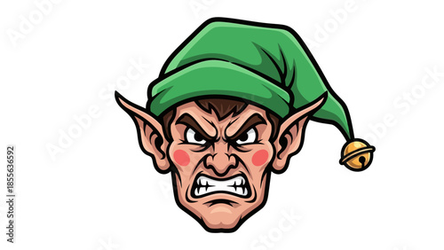 Close-up illustration of an angry elf with a green hat and bell, showing intense emotion.