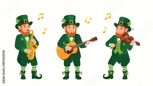 A cheerful leprechaun with a green hat and outfit, surrounded by shamrocks, celebrating.