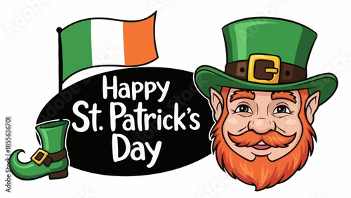 A cheerful leprechaun with a green hat and outfit, surrounded by shamrocks, celebrating.