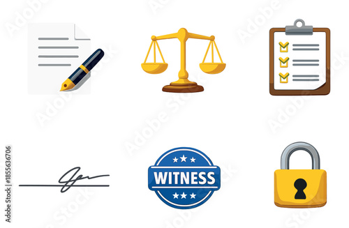 Legal document icons including signature, scales of justice, and security