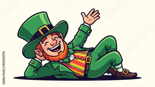 A cheerful leprechaun with a green hat and outfit, surrounded by shamrocks, celebrating.