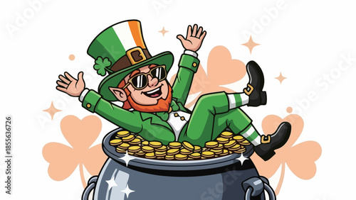 A cartoon leprechaun wearing a green suit and hat, relaxing in a pot of gold coins.