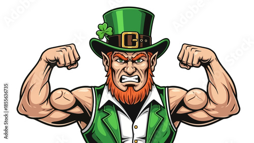 Illustration of a muscular, angry leprechaun flexing his arms, wearing a green hat.